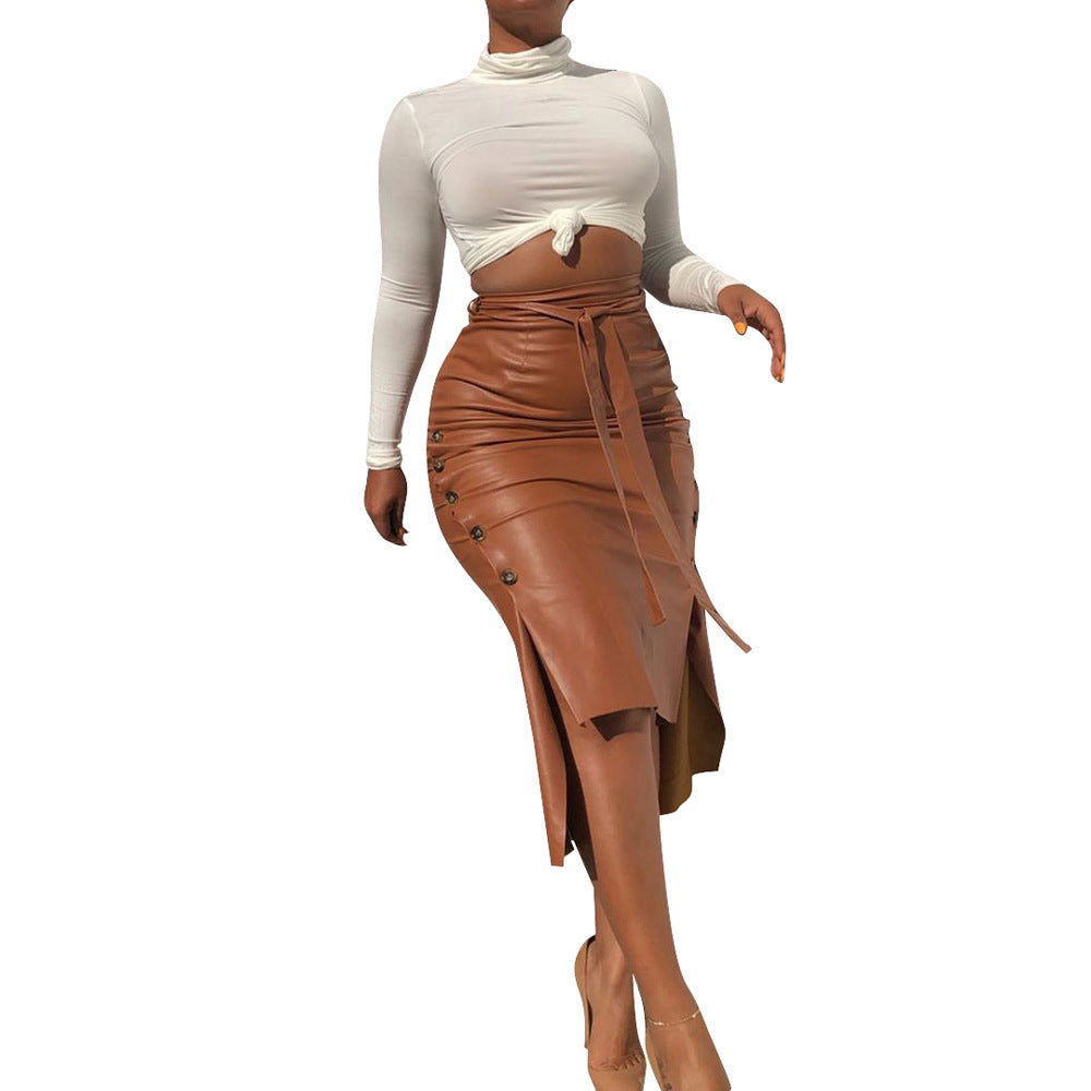 Cross-border foreign trade European and American leather skirt Amazon women's clothing hot sale split slim mid-length hip half PU skirt generation hair