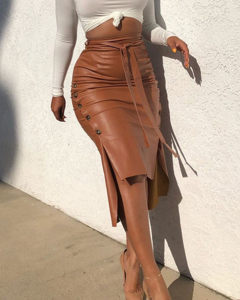 Cross-border foreign trade European and American leather skirt Amazon women's clothing hot sale split slim mid-length hip half PU skirt generation hair