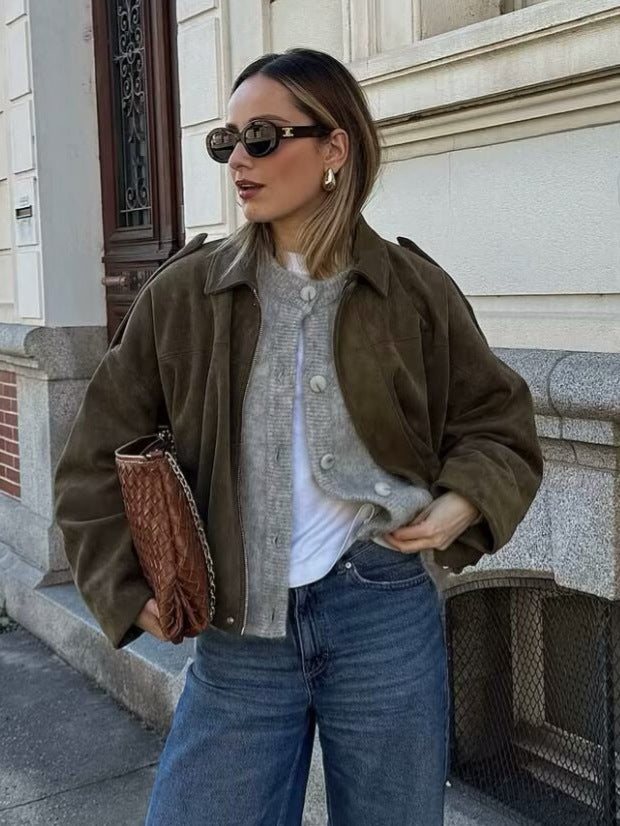 European and American Cross-Border Women's Clothing 2025 Early Spring New Fashion Suede Casual Style Versatile Casual Simple Aviator Jacket