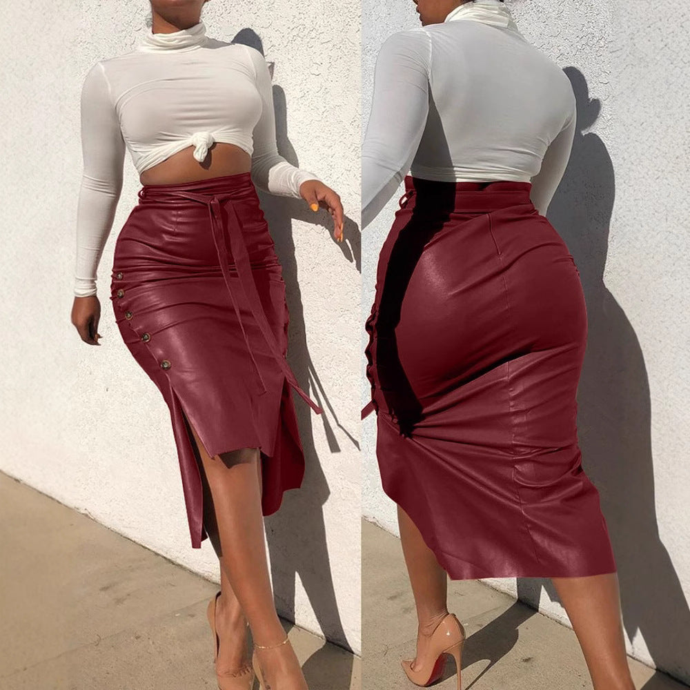 Cross-border foreign trade European and American leather skirt Amazon women's clothing hot sale split slim mid-length hip half PU skirt generation hair