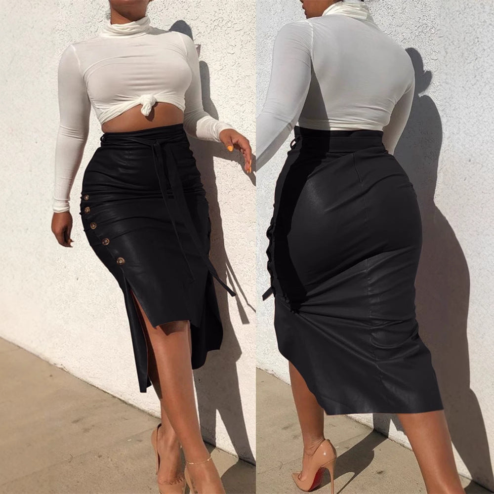 Cross-border foreign trade European and American leather skirt Amazon women's clothing hot sale split slim mid-length hip half PU skirt generation hair