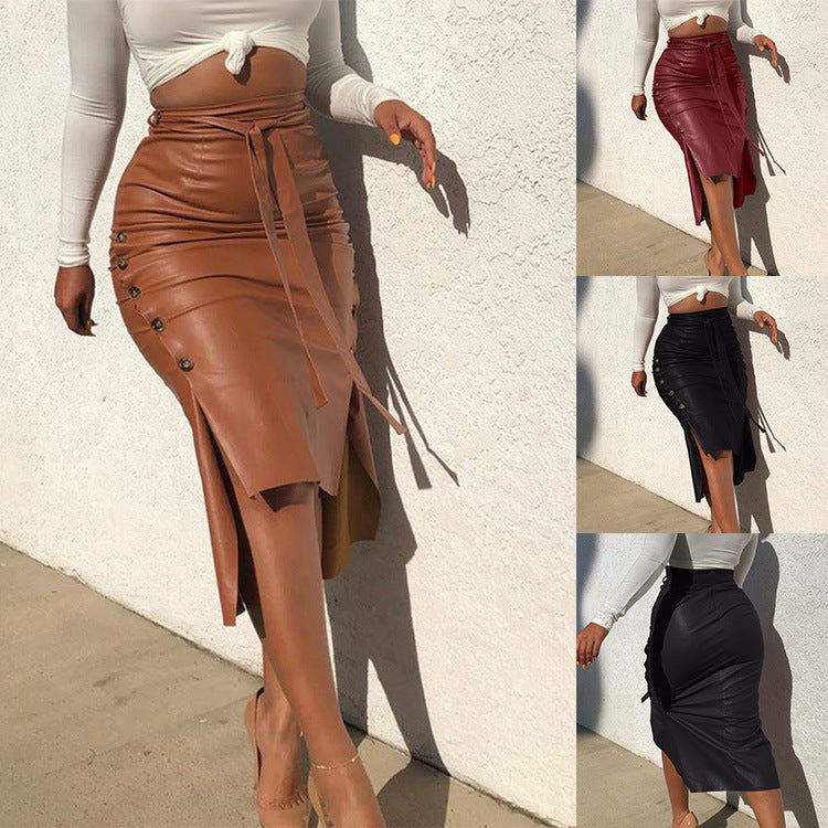 Cross-border foreign trade European and American leather skirt Amazon women's clothing hot sale split slim mid-length hip half PU skirt generation hair